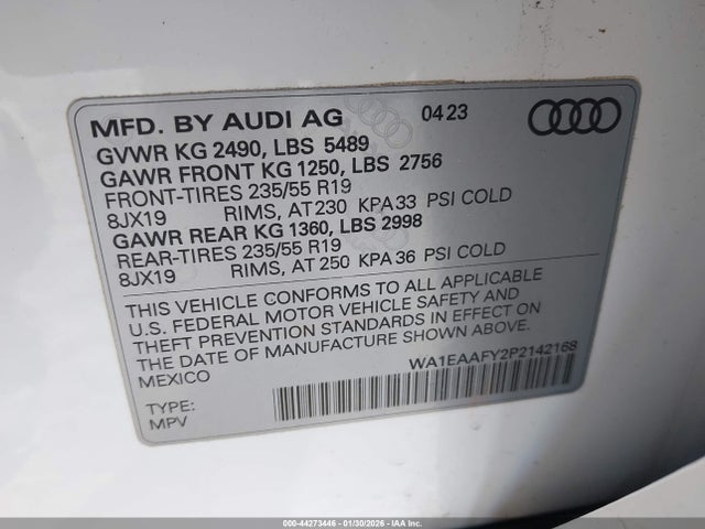 2023 Audi Q5 Premium Plus 45 Tfsi S Line Quattro მანქანა იყიდება აუქციონზე, vin: WA1EAAFY2P2142168, აუქციონის ნომერი: 44273446