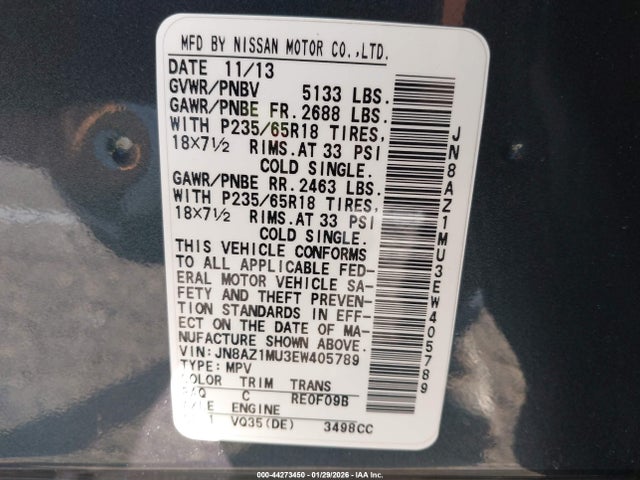 JN8AZ1MU3EW405789 Nissan MURANO SL