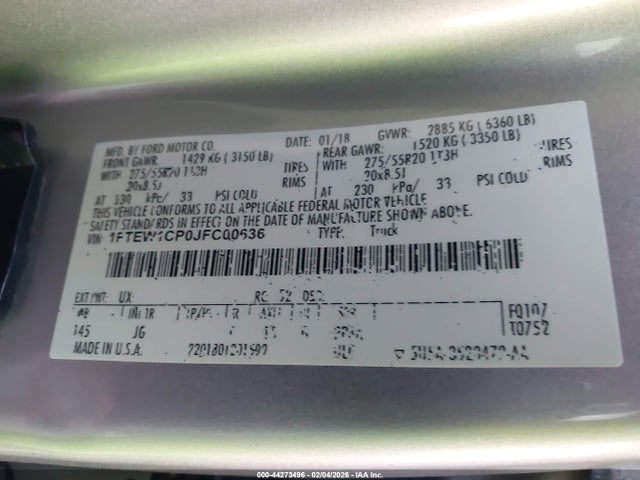 Aukcja sprzedaży 2018 Ford F-150 Xl, vin: 1FTEW1CP0JFC00636, numer aukcji: 44273496