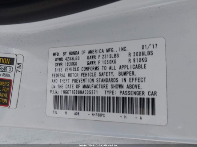 Продаж на аукціоні авто 2017 Honda Accord Exl, vin: 1HGCT1B88HA005371, номер лоту: 44273546