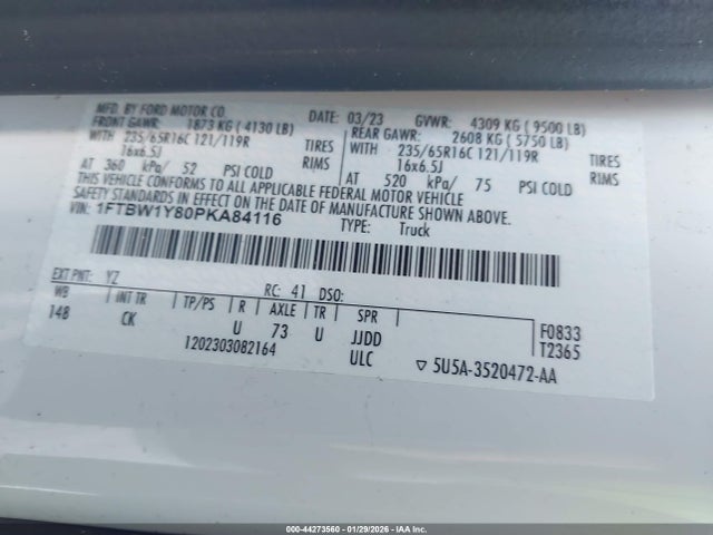 Продажа на аукционе авто 2023 Ford Transit, vin: 1FTBW1Y80PKA84116, номер лота: 44273560