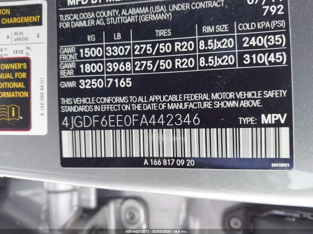 2015 Mercedes-benz Gl 450 4matic მანქანა იყიდება აუქციონზე, vin: 4JGDF6EE0FA442346, აუქციონის ნომერი: 44273572