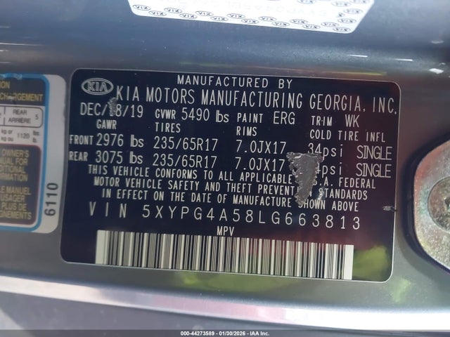 Продажа на аукционе авто 2020 Kia Sorento 3.3l Lx, vin: 5XYPG4A58LG663813, номер лота: 44273589