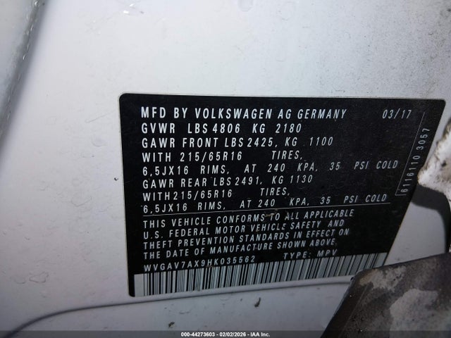 WVGAV7AX9HK035562 Volkswagen Tiguan 2.0t/2.0t S