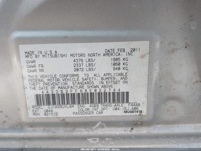 Aukcja sprzedaży 2011 Mitsubishi Galant Fe, vin: 4A32B2FF6BE022744, numer aukcji: 44273671