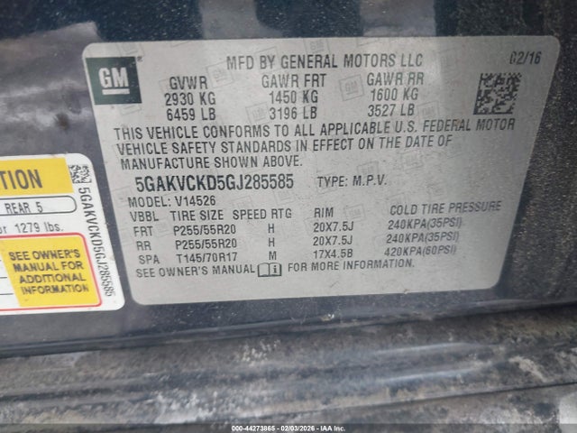 44273865 :رقم المزاد ، 5GAKVCKD5GJ285585 vin ، 2016 Buick Enclave Premium مزاد بيع
