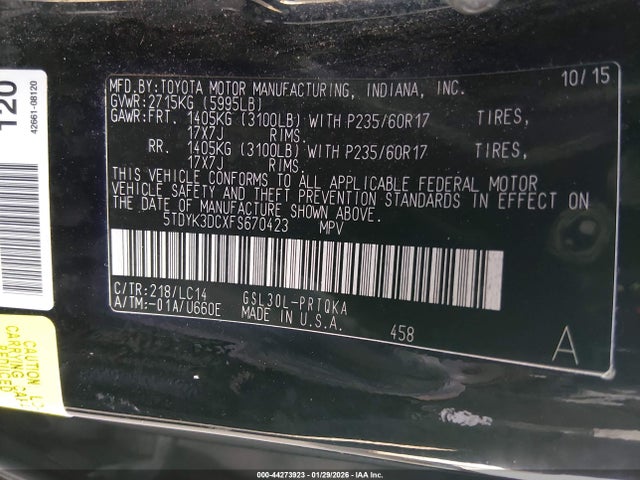 5TDYK3DCXFS670423 Toyota Sienna Xle 8 Passenger