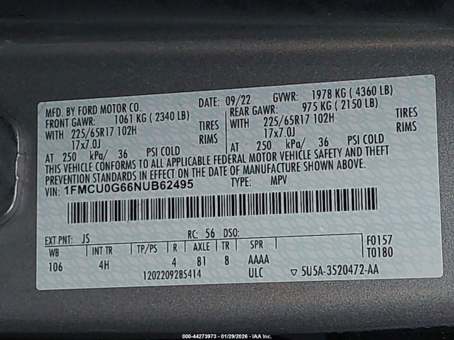 1FMCU0G66NUB62495 Ford ESCAPE SE