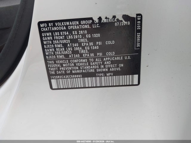 44274090 :رقم المزاد ، 1V2SR2CA2KC588692 vin ، 2019 Volkswagen Atlas 3.6l V6 Sel R-line مزاد بيع