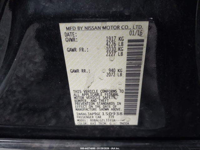 1N4AL3AP9GC150938 Nissan Altima 2.5/2.5 S/2.5 Sl/2.5 Sr/2.5 Sv