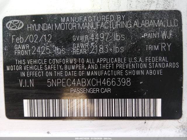 Продаж на аукціоні авто 2012 Hyundai Sonata Se 2.0t, vin: 5NPEC4ABXCH466398, номер лоту: 44274235