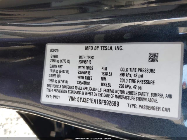 Aukcja sprzedaży 2025 Tesla Model 3 Long Range Rear-wheel Drive/standard Rear-wheel Drive, vin: 5YJ3E1EA1SF992689, numer aukcji: 44274351