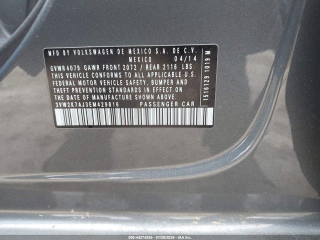44274355 :رقم المزاد ، 3VW2K7AJ3EM429816 vin ، 2014 Volkswagen Jetta 2.0l S مزاد بيع