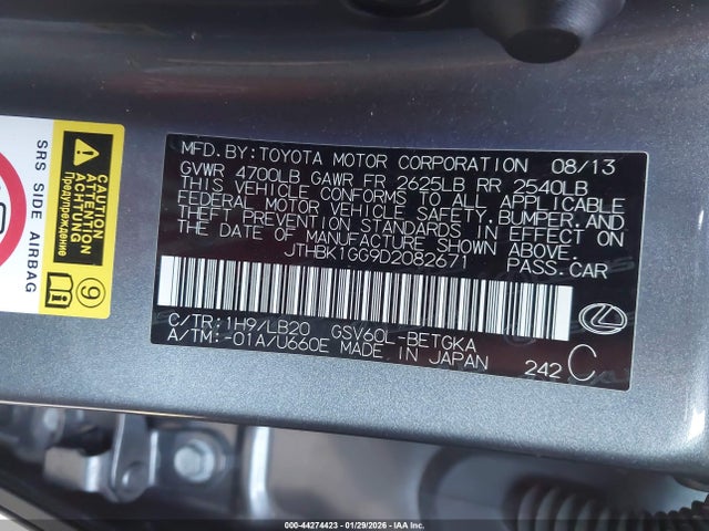 2013 Lexus Es 350 მანქანა იყიდება აუქციონზე, vin: JTHBK1GG9D2082671, აუქციონის ნომერი: 44274423