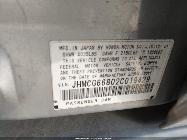 Продажа на аукционе авто 2002 Honda Accord 2.3 Ex/2.3 Se, vin: JHMCG66802C019429, номер лота: 44274457