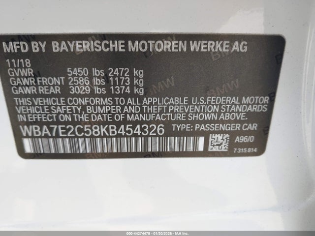 44274478 :رقم المزاد ، WBA7E2C58KB454326 vin ، 2019 Bmw 740i مزاد بيع