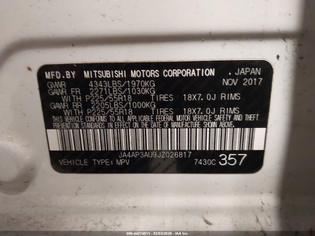 44274513 :رقم المزاد ، JA4AP3AU9JZ026817 vin ، 2018 Mitsubishi Outlander Sport 2.0 Es مزاد بيع