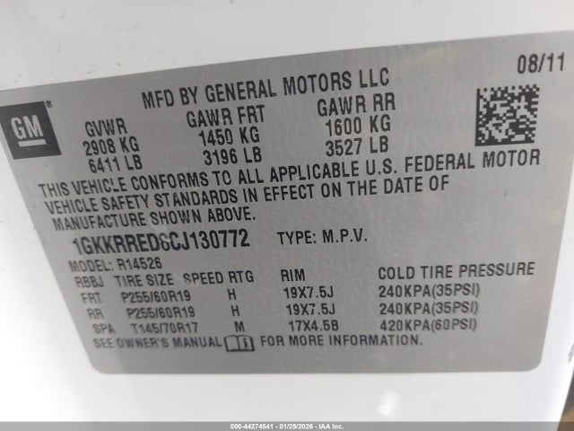 Aukcja sprzedaży 2012 Gmc Acadia Slt-1, vin: 1GKKRRED8CJ130772, numer aukcji: 44274541