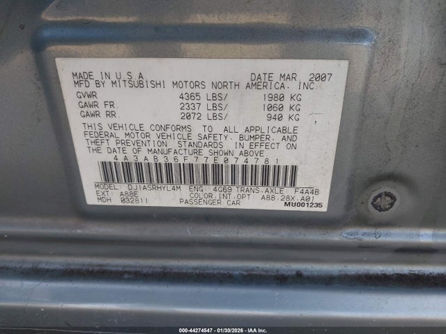 Aukcja sprzedaży 2007 Mitsubishi Galant Es/se, vin: 4A3AB36F77E074781, numer aukcji: 44274547