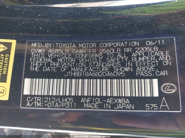 Продажа на аукционе авто 2011 Lexus Hs 250h Premium, vin: JTHBB1BA6B2046095, номер лота: 44274549