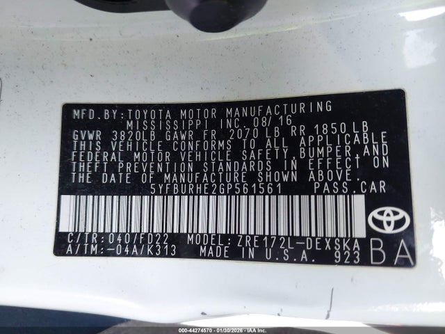 Продаж на аукціоні авто 2016 Toyota Corolla S Plus, vin: 5YFBURHE2GP561561, номер лоту: 44274570