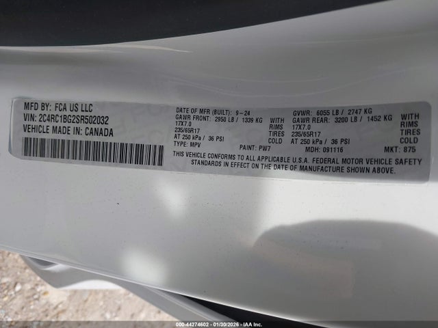2025 Chrysler Pacifica Select მანქანა იყიდება აუქციონზე, vin: 2C4RC1BG2SR502032, აუქციონის ნომერი: 44274602