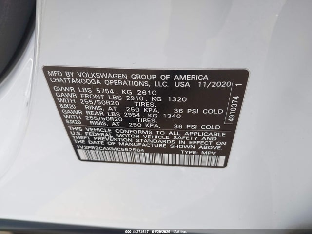 1V2PR2CAXMC552564 Volkswagen Atlas 3.6l V6 Se W/technology R-line