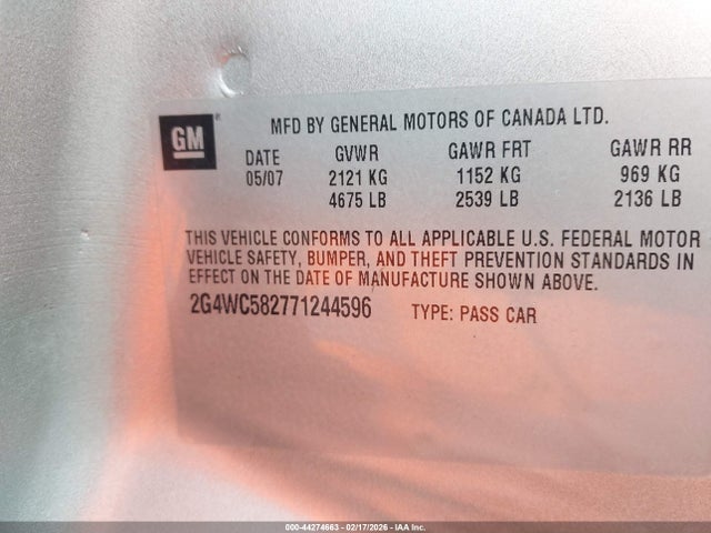 Продажа на аукционе авто 2007 Buick Lacrosse Cx, vin: 2G4WC582771244596, номер лота: 44274663