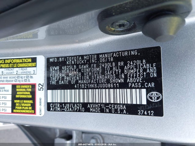 4T1B21HK6JU008611 Toyota Camry Hybrid Xle