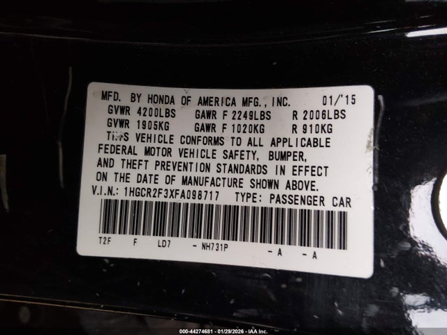 Honda ACCORD LX 2015 1HGCR2F3XFA098717 Image 9