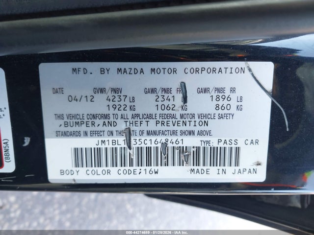 Продажа на аукционе авто 2012 Mazda Mazdaspeed3 Touring, vin: JM1BL1L35C1648461, номер лота: 44274689