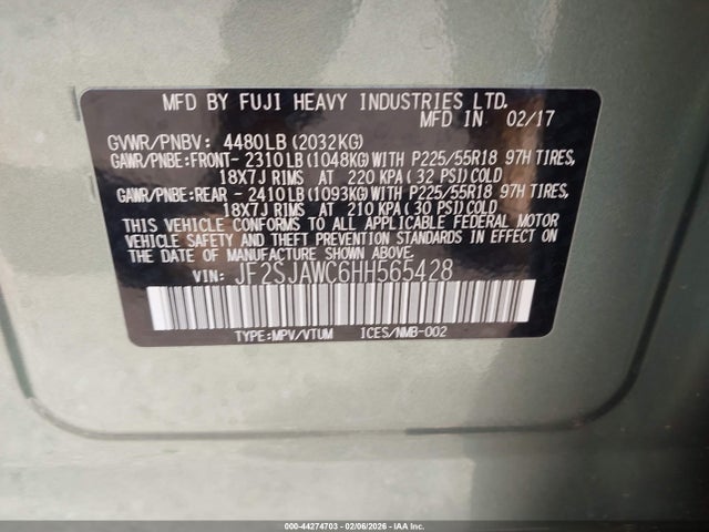 44274703 :رقم المزاد ، JF2SJAWC6HH565428 vin ، 2017 Subaru Forester 2.5i Touring مزاد بيع