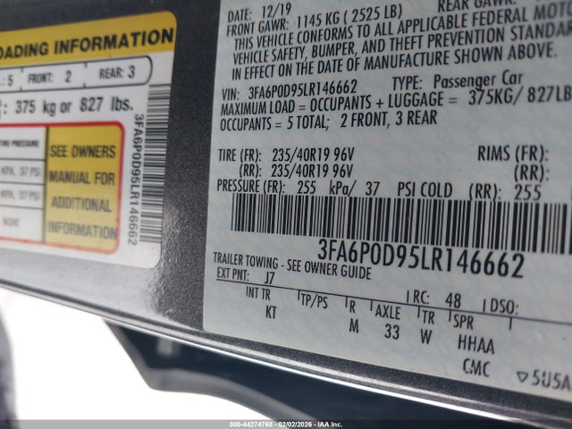 44274768 :رقم المزاد ، 3FA6P0D95LR146662 vin ، 2020 Ford Fusion Titanium مزاد بيع