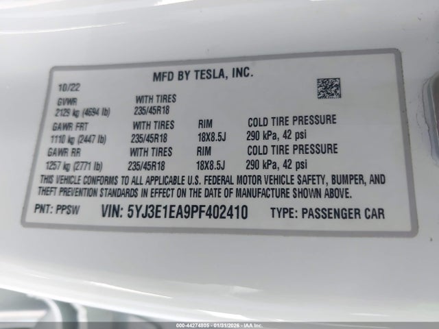 Aukcja sprzedaży 2023 Tesla Model 3 Rear-wheel Drive, vin: 5YJ3E1EA9PF402410, numer aukcji: 44274805