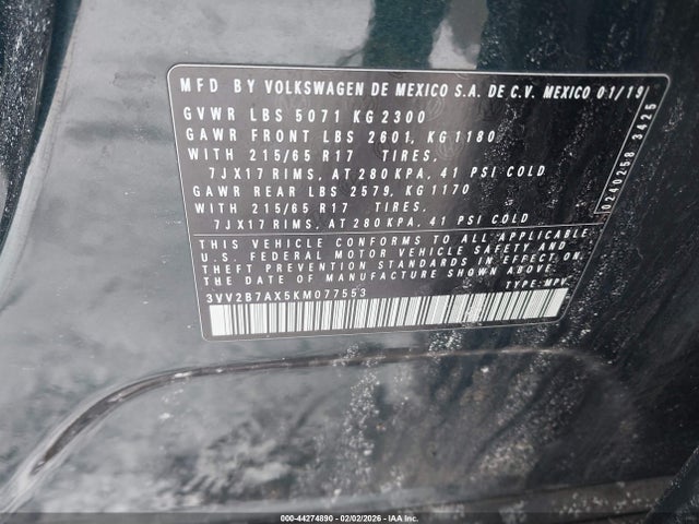 44274890 :رقم المزاد ، 3VV2B7AX5KM077553 vin ، 2019 Volkswagen Tiguan مزاد بيع