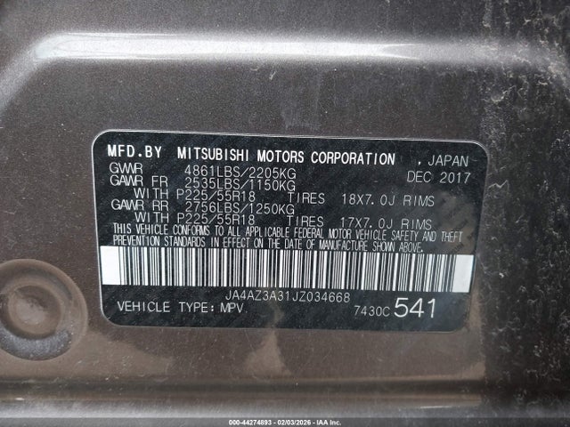 44274893 :رقم المزاد ، JA4AZ3A31JZ034668 vin ، 2018 Mitsubishi Outlander Se مزاد بيع