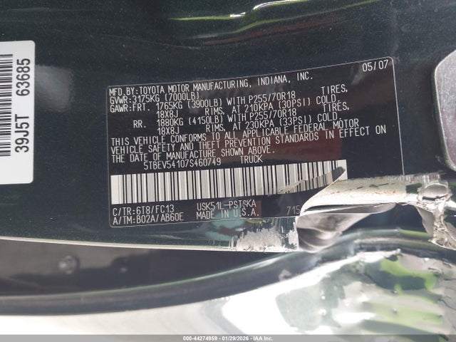 44274959 :رقم المزاد ، 5TBEV54107S460749 vin ، 2007 Toyota Tundra Sr5 5.7l V8 مزاد بيع