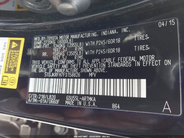 Aukcja sprzedaży 2015 Toyota Highlander Xle V6, vin: 5TDJKRFH7FS158826, numer aukcji: 44274967