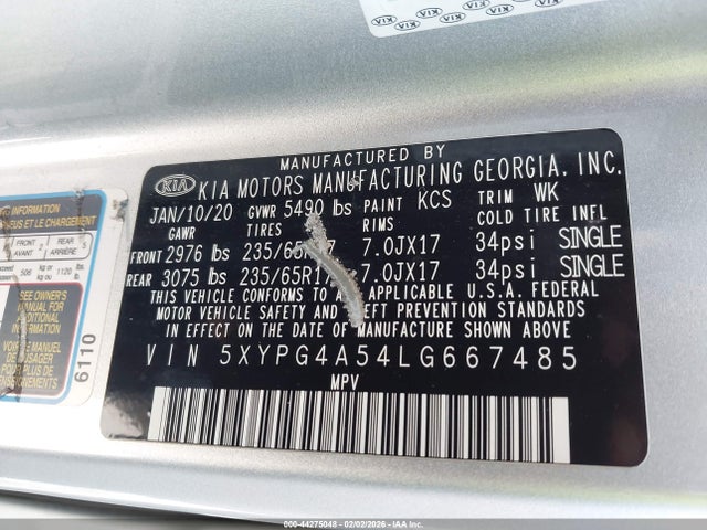 5XYPG4A54LG667485 KIA Sorento 3.3l Lx