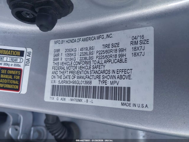 Honda Cr-v Touring 2016 5J6RM3H95GL013958 Image 9