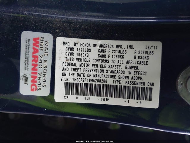 1HGCR2F19HA288266 Honda Accord Sport Se