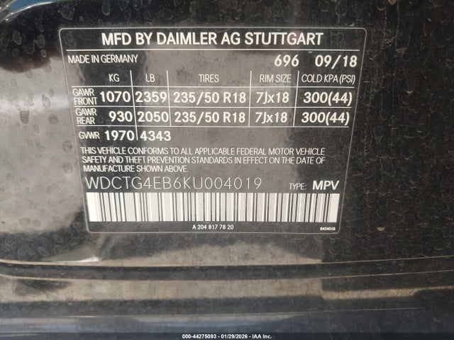 WDCTG4EB6KU004019 Mercedes-Benz GLA 250