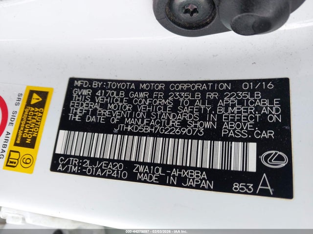 Продаж на аукціоні авто 2016 Lexus Ct 200h, vin: JTHKD5BH7G2269073, номер лоту: 44275097