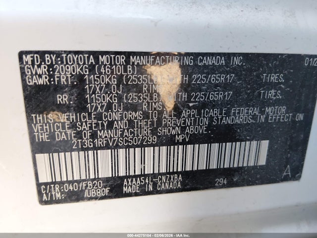 2T3G1RFV7SC507299 Toyota RAV4 LE