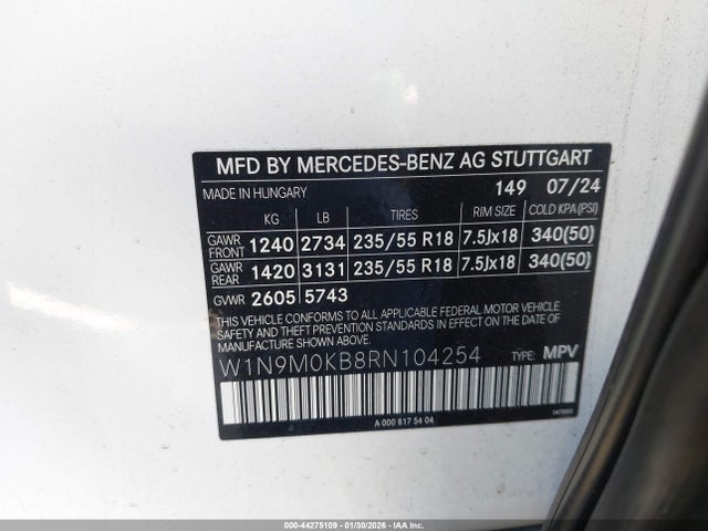 W1N9M0KB8RN104254 Mercedes-Benz Eqb 300 Suv 4matic