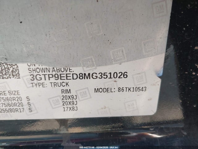 Aukcja sprzedaży 2021 Gmc Sierra 1500 4wd  Short Box At4, vin: 3GTP9EED8MG351026, numer aukcji: 44275146
