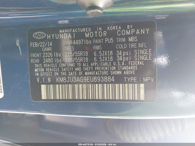 KM8JU3AG9EU893884 Hyundai Tucson Limited