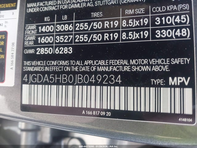 44275205 :رقم المزاد ، 4JGDA5HB0JB049234 vin ، 2018 Mercedes-benz Gle 350 4matic مزاد بيع