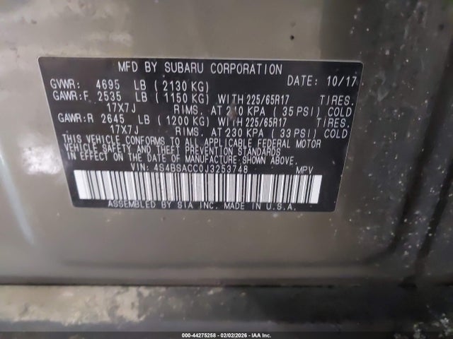 Продаж на аукціоні авто 2018 Subaru Outback 2.5i Premium, vin: 4S4BSACC0J3253748, номер лоту: 44275258
