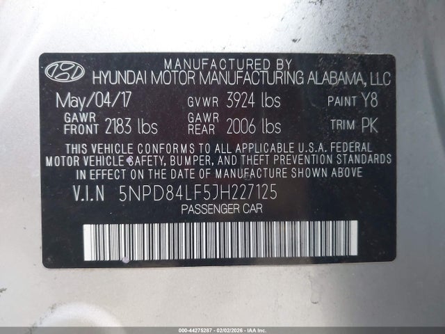 5NPD84LF5JH227125 Hyundai ELANTRA SEL